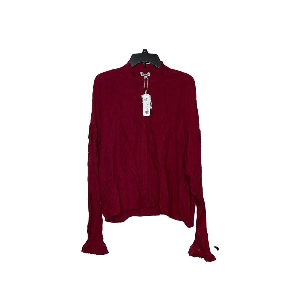 Glam Long Sleeve Ruffled Mock‎ Neck Slouchy Button Up Shirt Women Large NWT Red